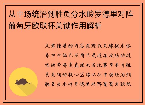 从中场统治到胜负分水岭罗德里对阵葡萄牙欧联杯关键作用解析 从中场统治到胜负分水岭罗德里对阵葡萄牙欧联杯关键作用解析